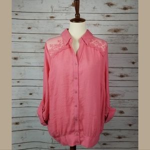 New MINE TOO coral lace shoulder button down shirt